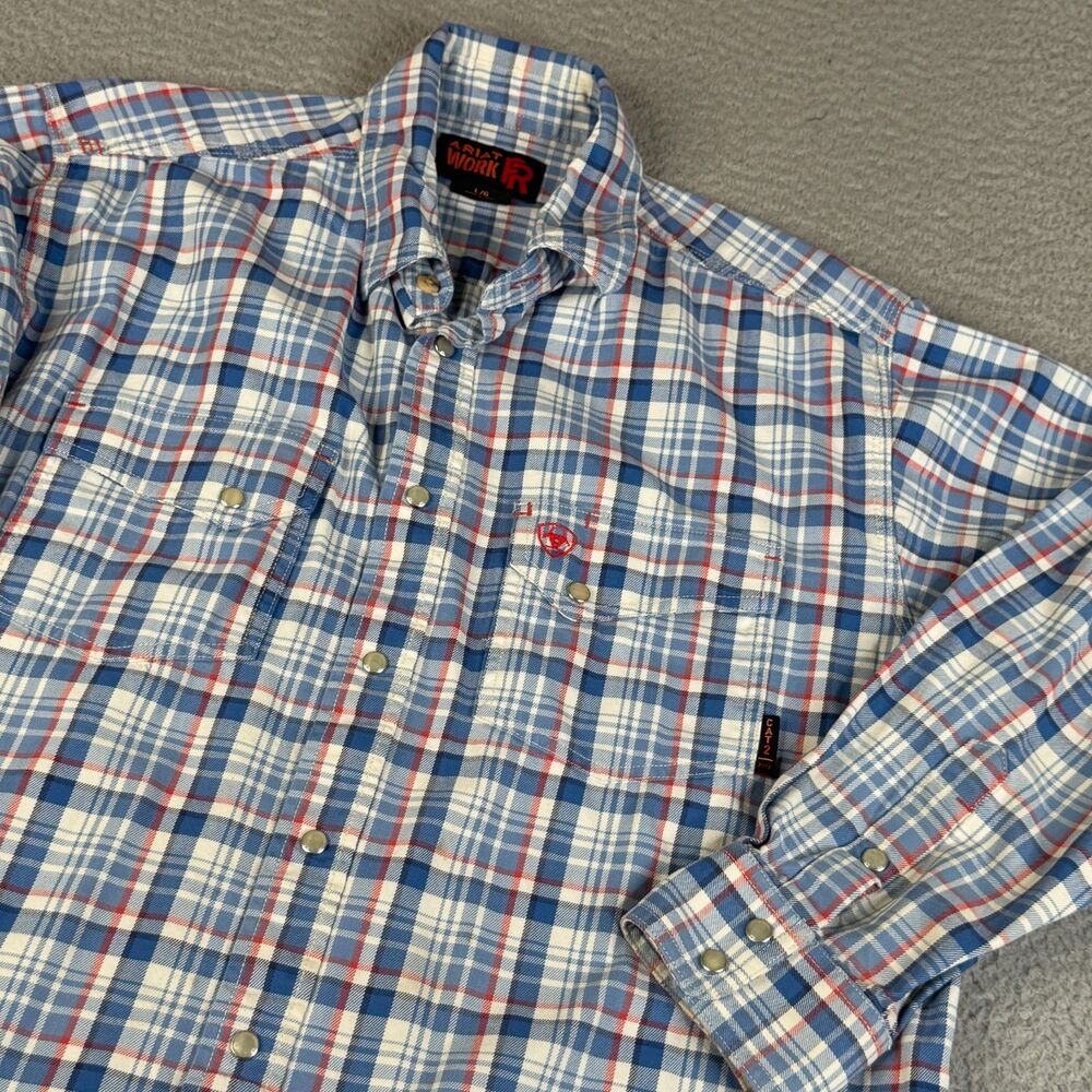 ARIAT  FR Shirt Mens XL Blue Plaid Pearl Snap Flame Resistant Work CAT 2 2112